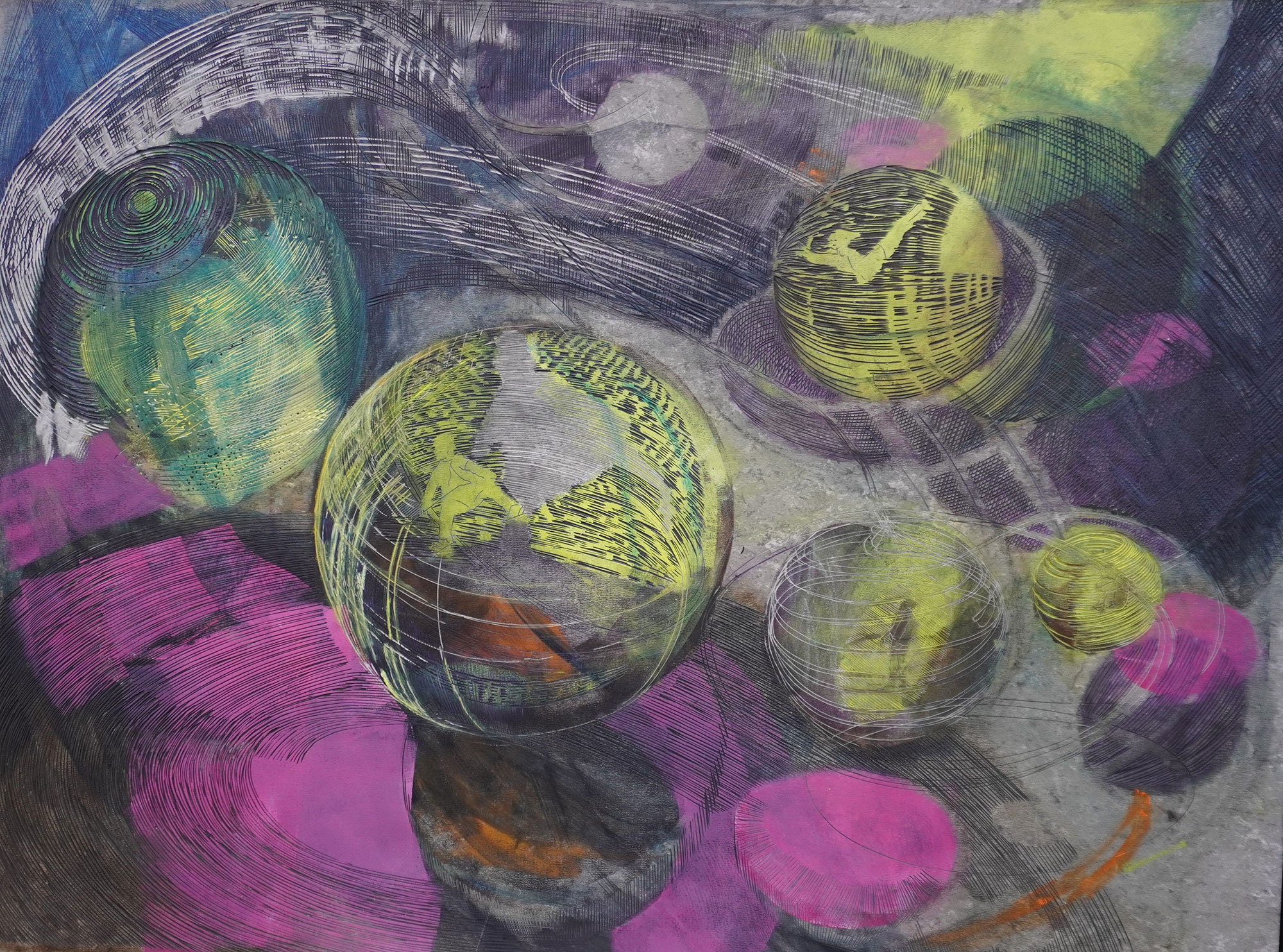Turbulenzen II, 2024, 90 x 119 cm, Linolschnitt/ Alkydfarbe