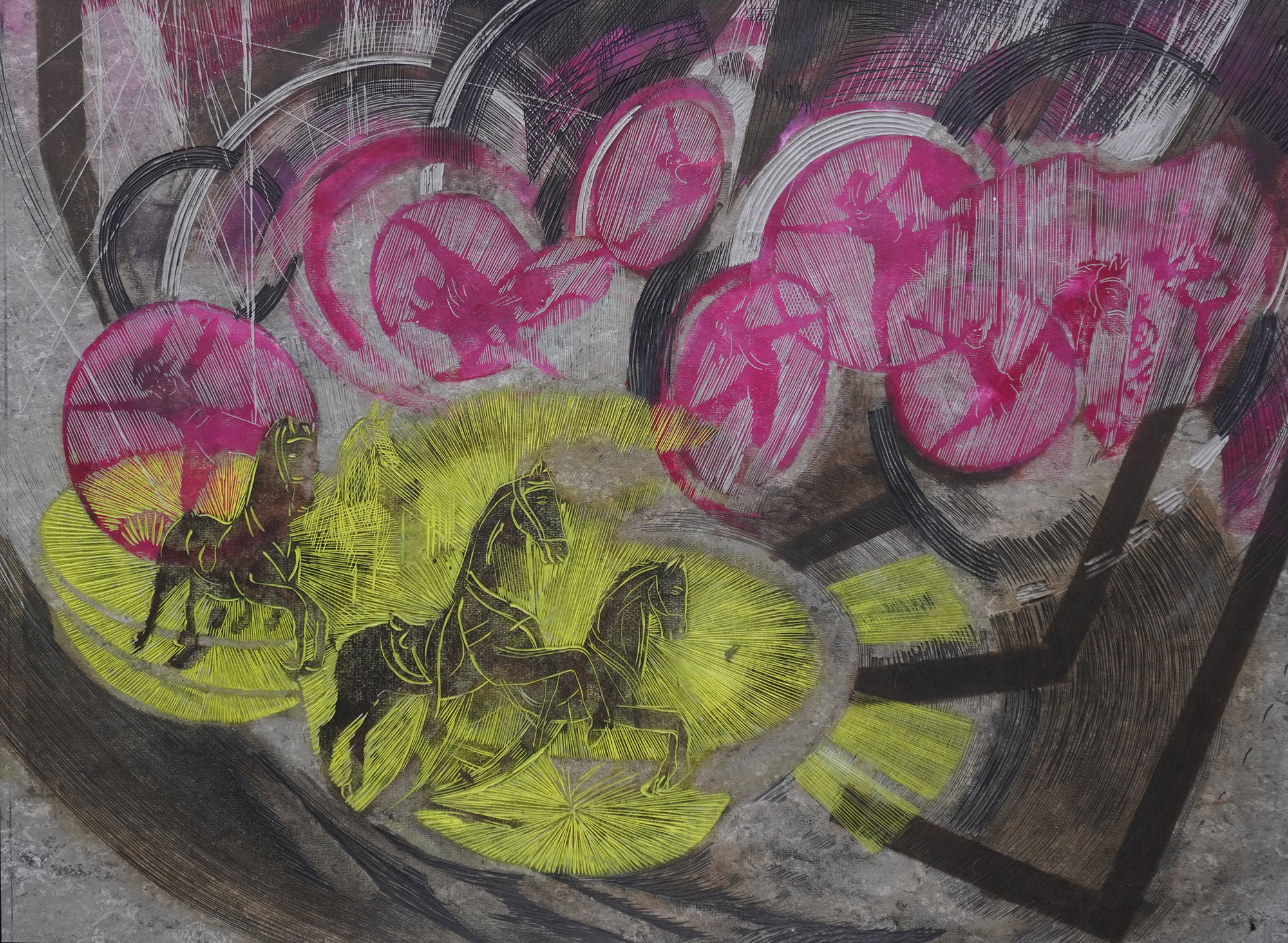 Manege I, 2024, 90 x 119 cm, Linolschnitt/ Alkydfarbe