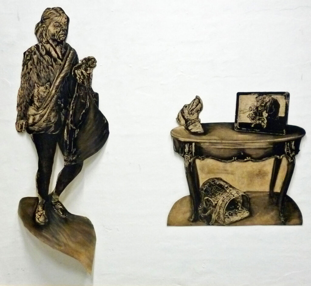 Frauchenoder-Herrin-(190-x-75-cm)und--Altärchen-(93-x95-cm)--Linoleum,-2014Ölfarbe