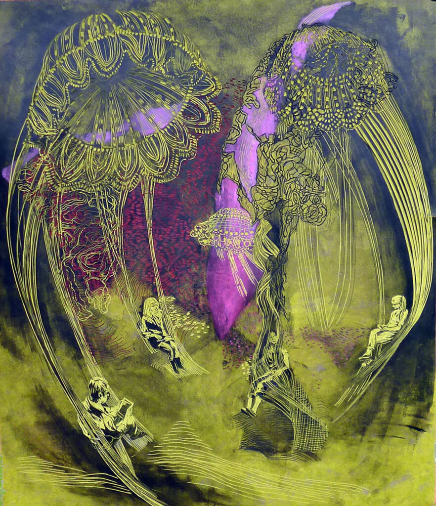 Network--carousel,-2015,-100-x-85-cm,-Linoleum,-Alkydfarbe