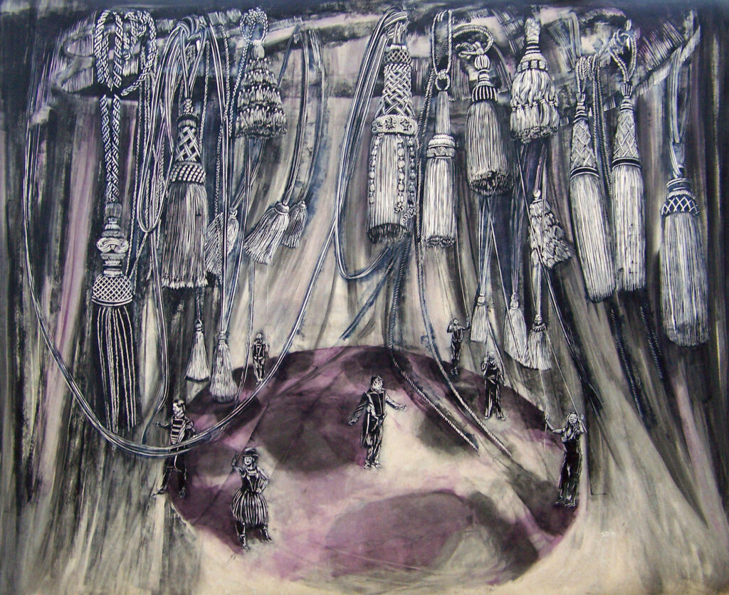 Zirkus-Quast-I,-2015,160-x-197-cm,-Linolschnitt,-Alkydfarbe