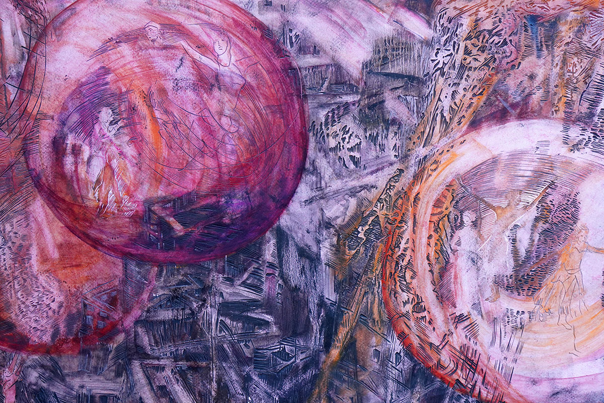 Ausschnitt aus Die Hoffnung...stirbt zuletzt, 2026, 190 x 148 cm, Linolschnittrelief /Alkydfarbe