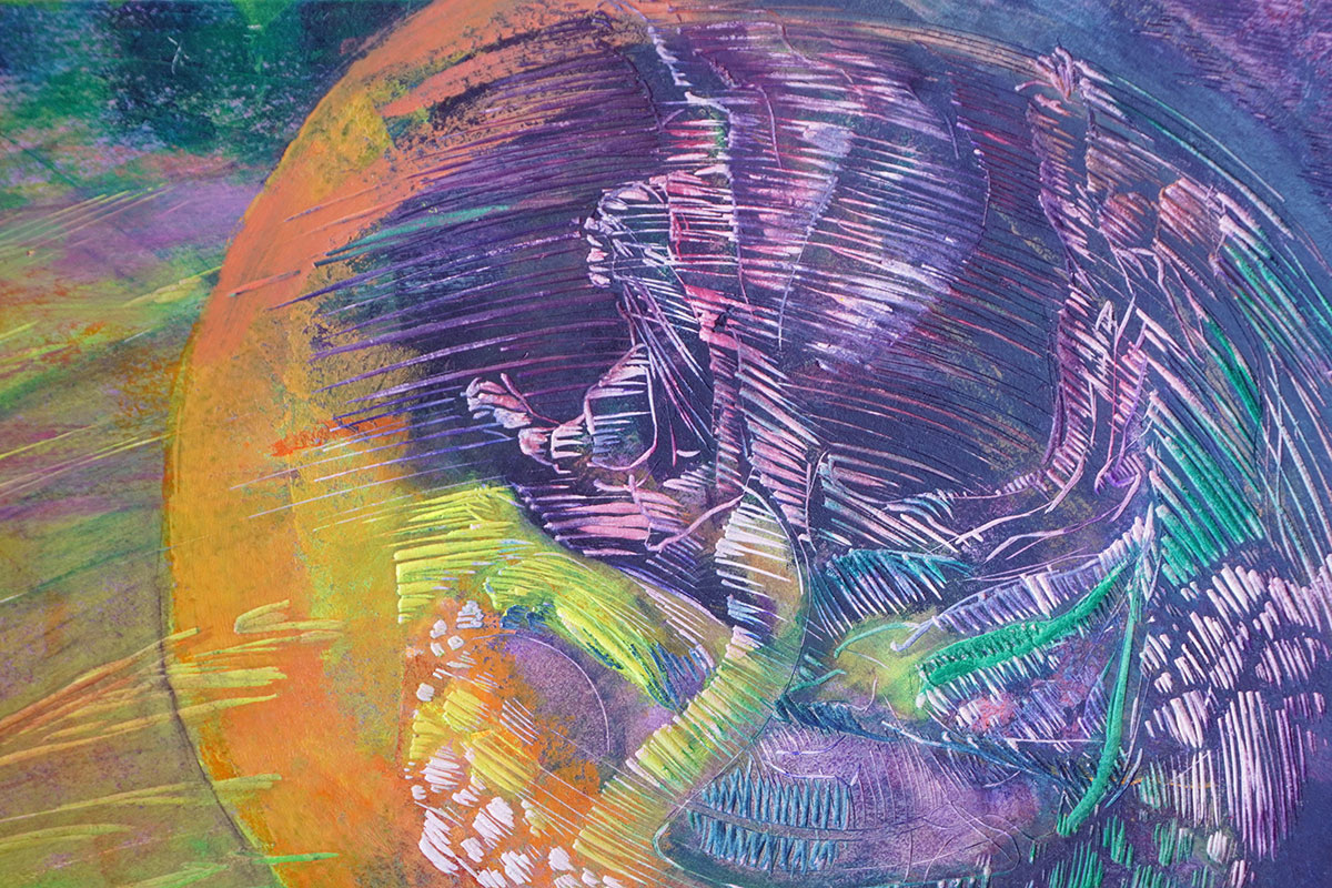 Ausschnitt aus Turbulenzen III, 2026, 90 x 119 cm, Linolschnittrelief /Alkydfarbe