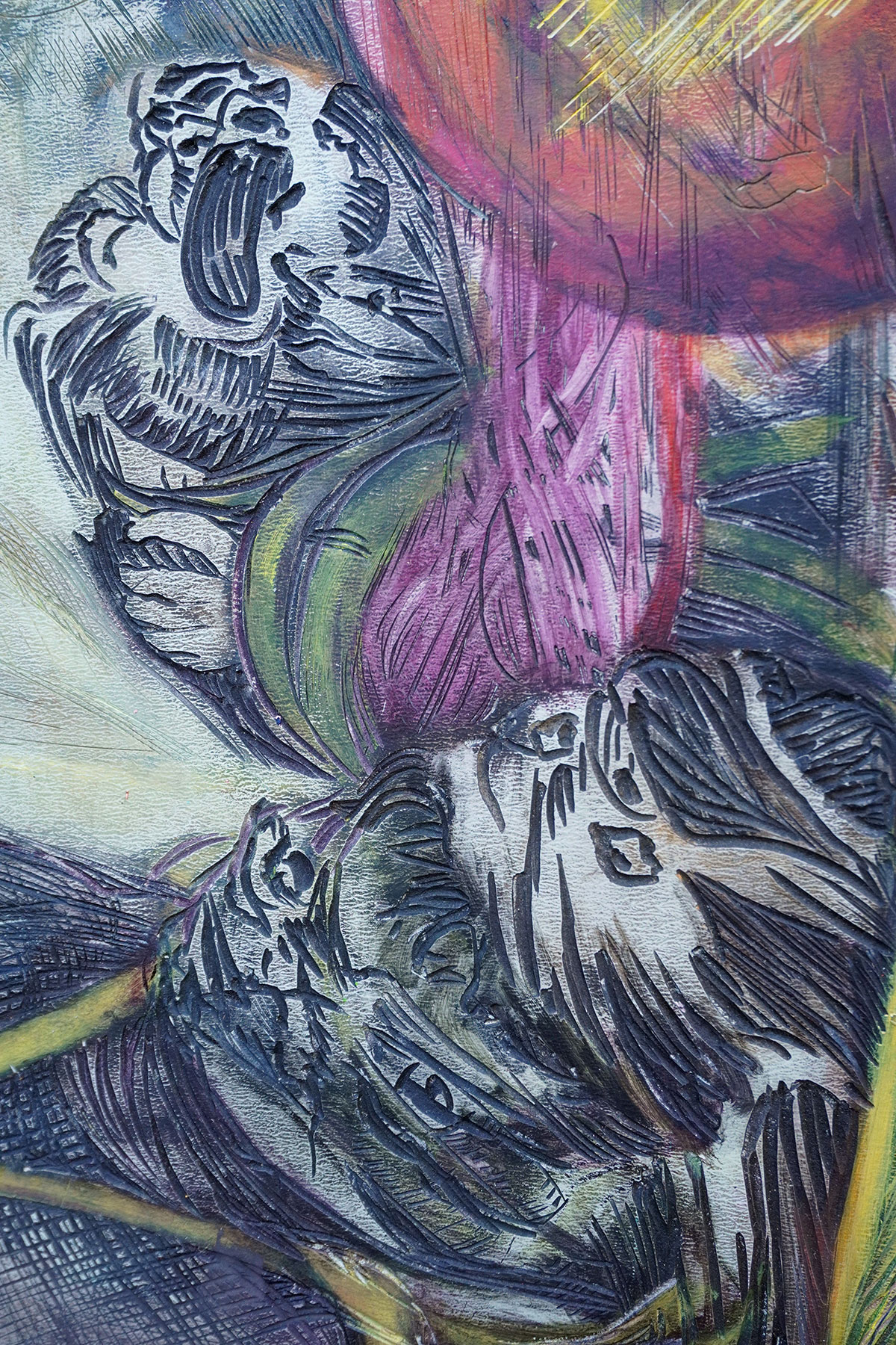 Ausschnitt aus Kampf der Giganten I, 2026, 
92 x 60 cm, Linolschnittrelief /Alkydfarbe