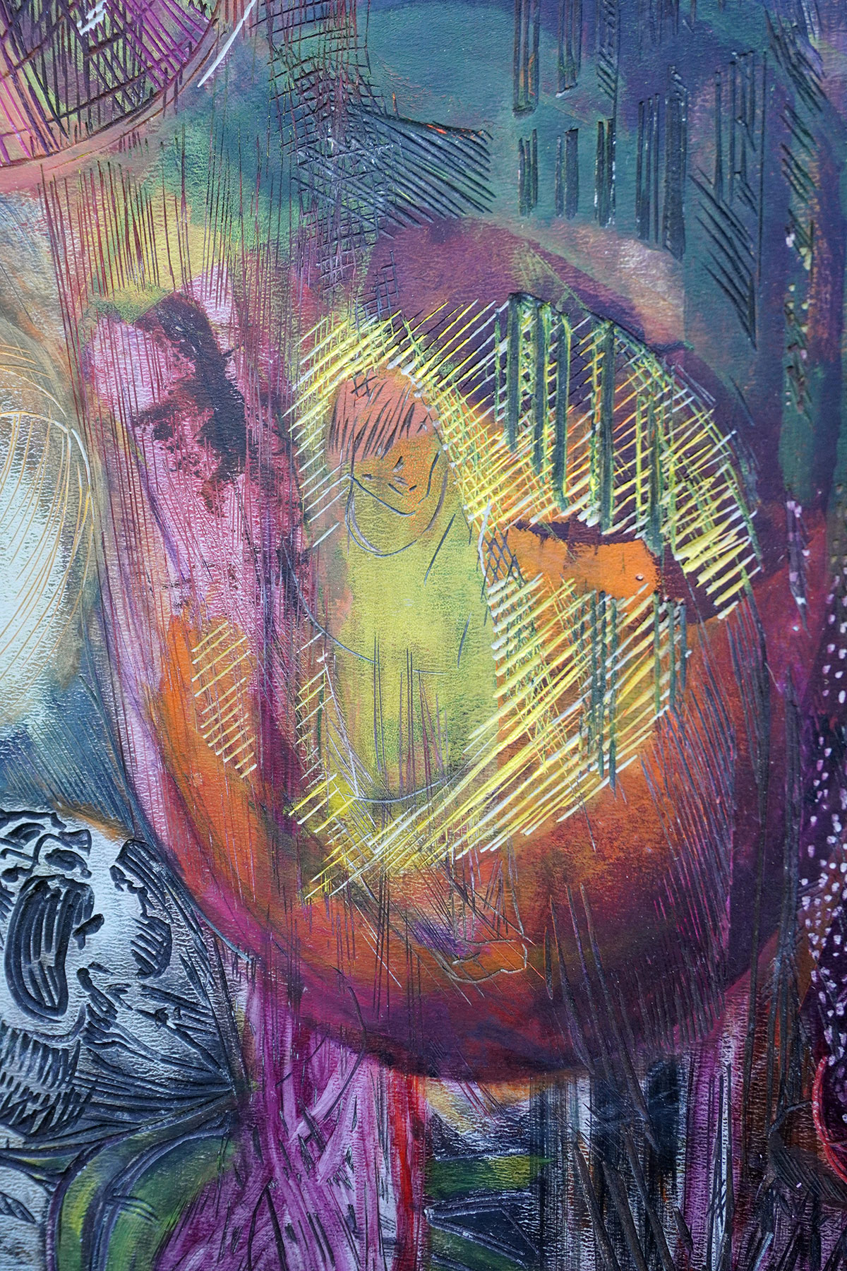 Ausschnitt aus Kampf der Giganten I, 2026, 
92 x 60 cm, Linolschnittrelief /Alkydfarbe