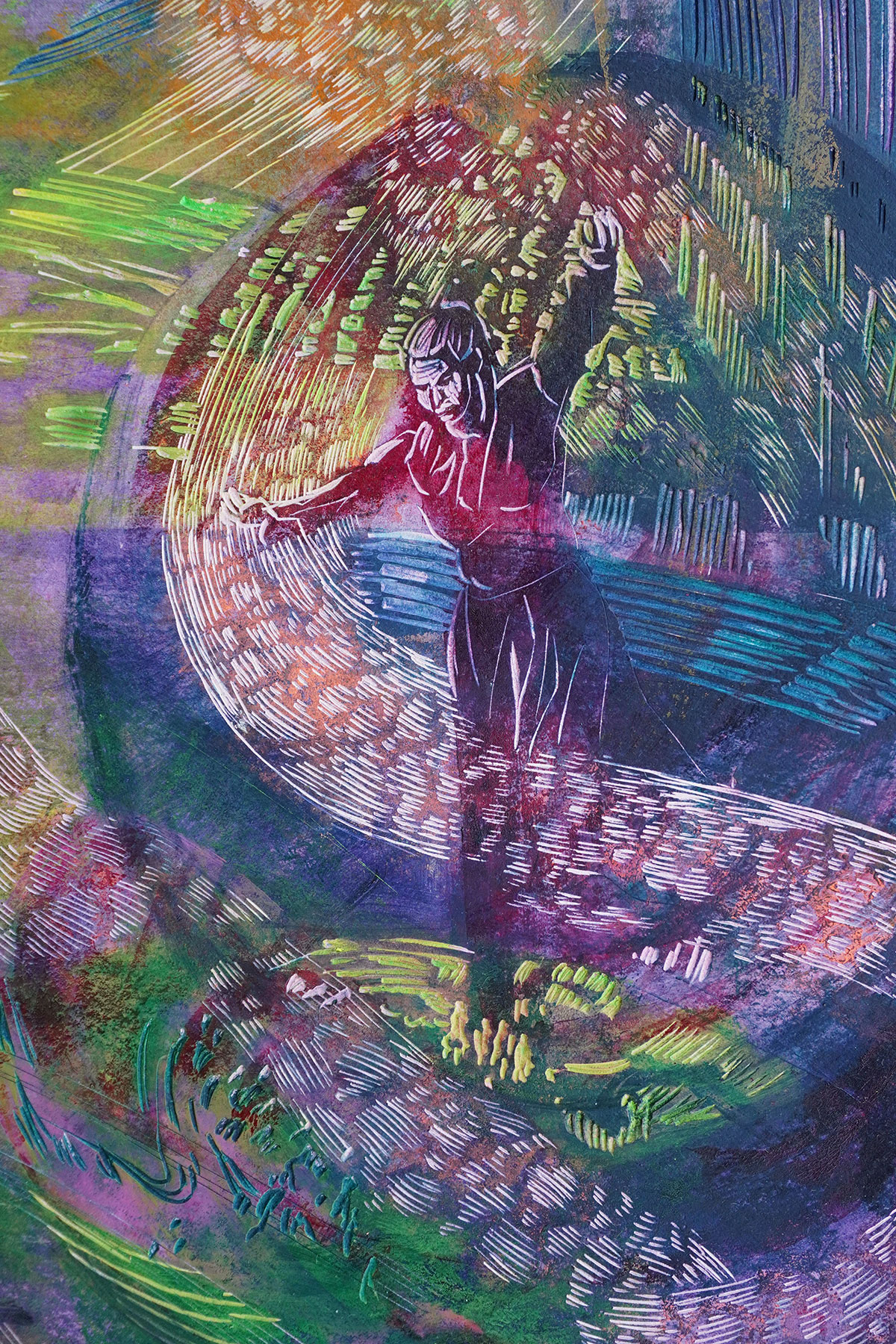 Aussschnitt aus Turbulenzen III, 2026, 90 x 119 cm, Linolschnittrelief /Alkydfarbe