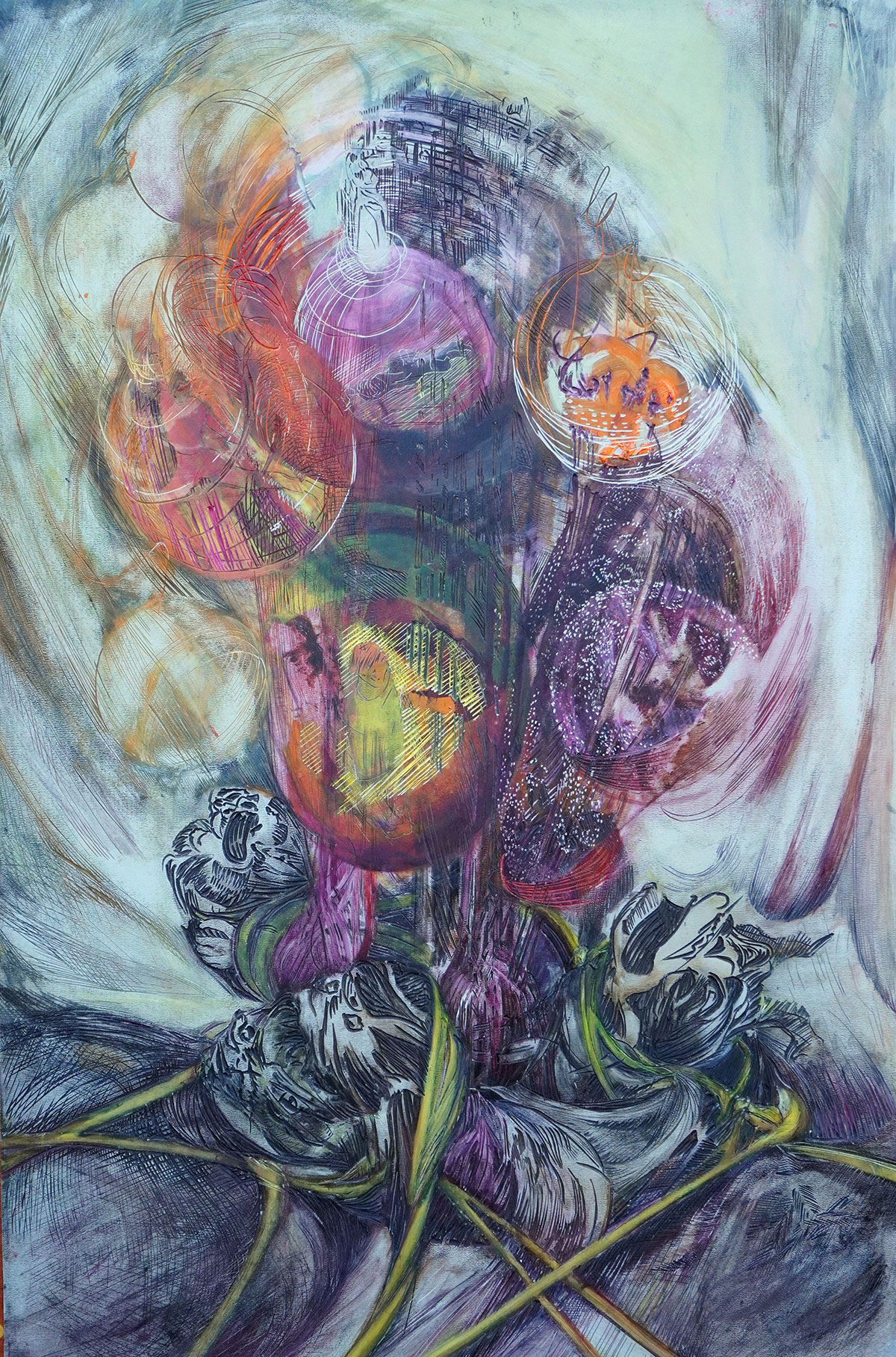 Kampf der Giganten I, 2026, 92 x 60 cm, 
Linolschnittrelief /Alkydfarbe