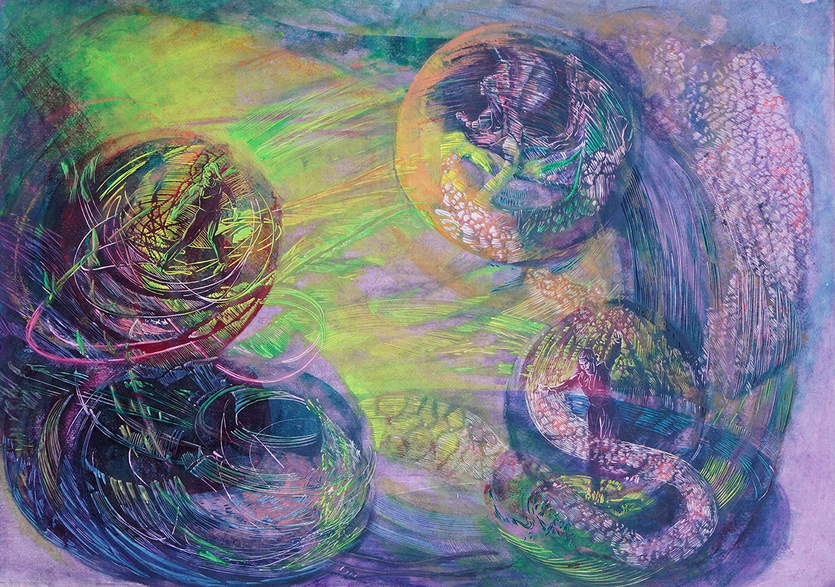 Turbulenzen III, 2026, 90 x 119 cm, Linolschnittrelief /Alkydfarbe